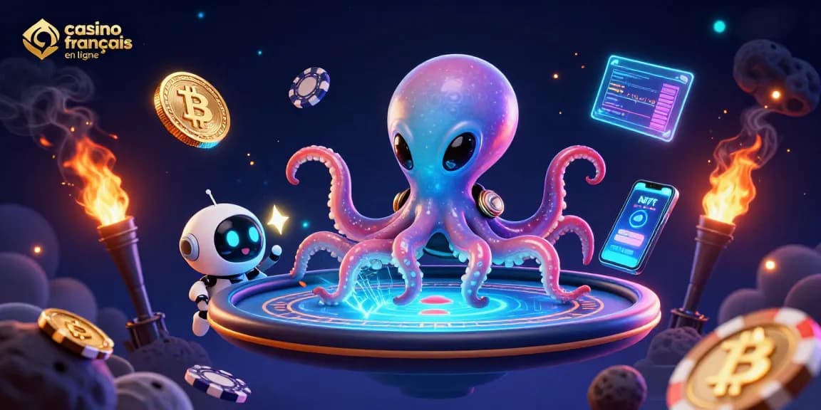 Jouez sur un casino français en ligne avec un octopus opérant une table de poker holographique flottante.