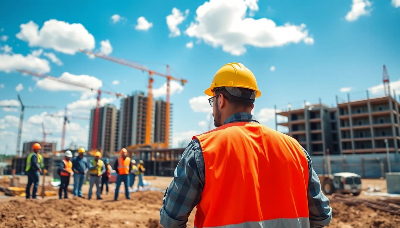 New Jersey Construction Manager supervising diverse teams at a vibrant construction site.