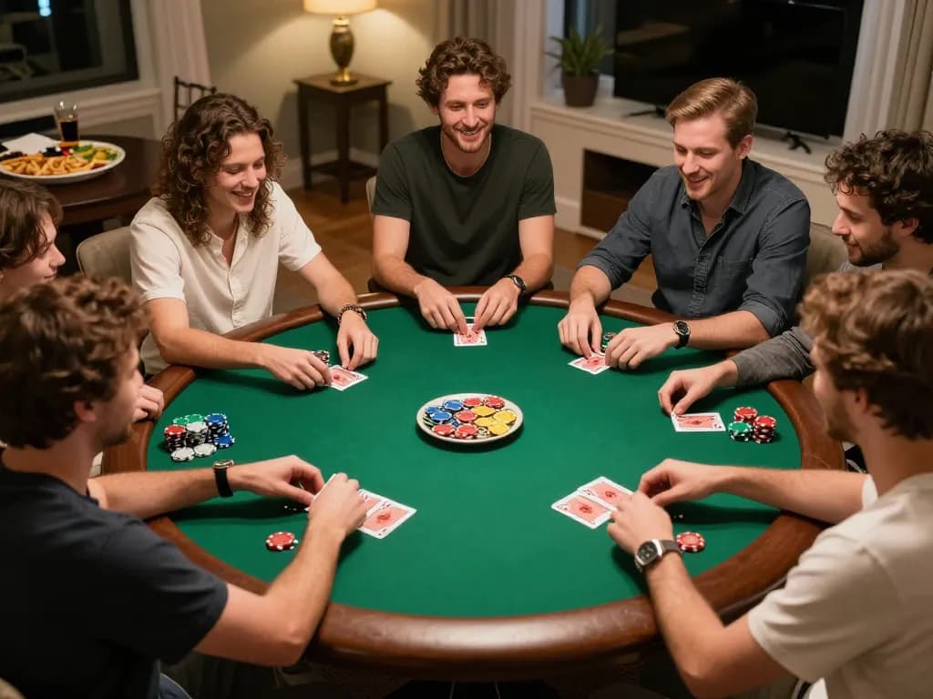 Engaging home poker scene showcasing friends playing thailand slot, vibrant atmosphere, and strategic gameplay.