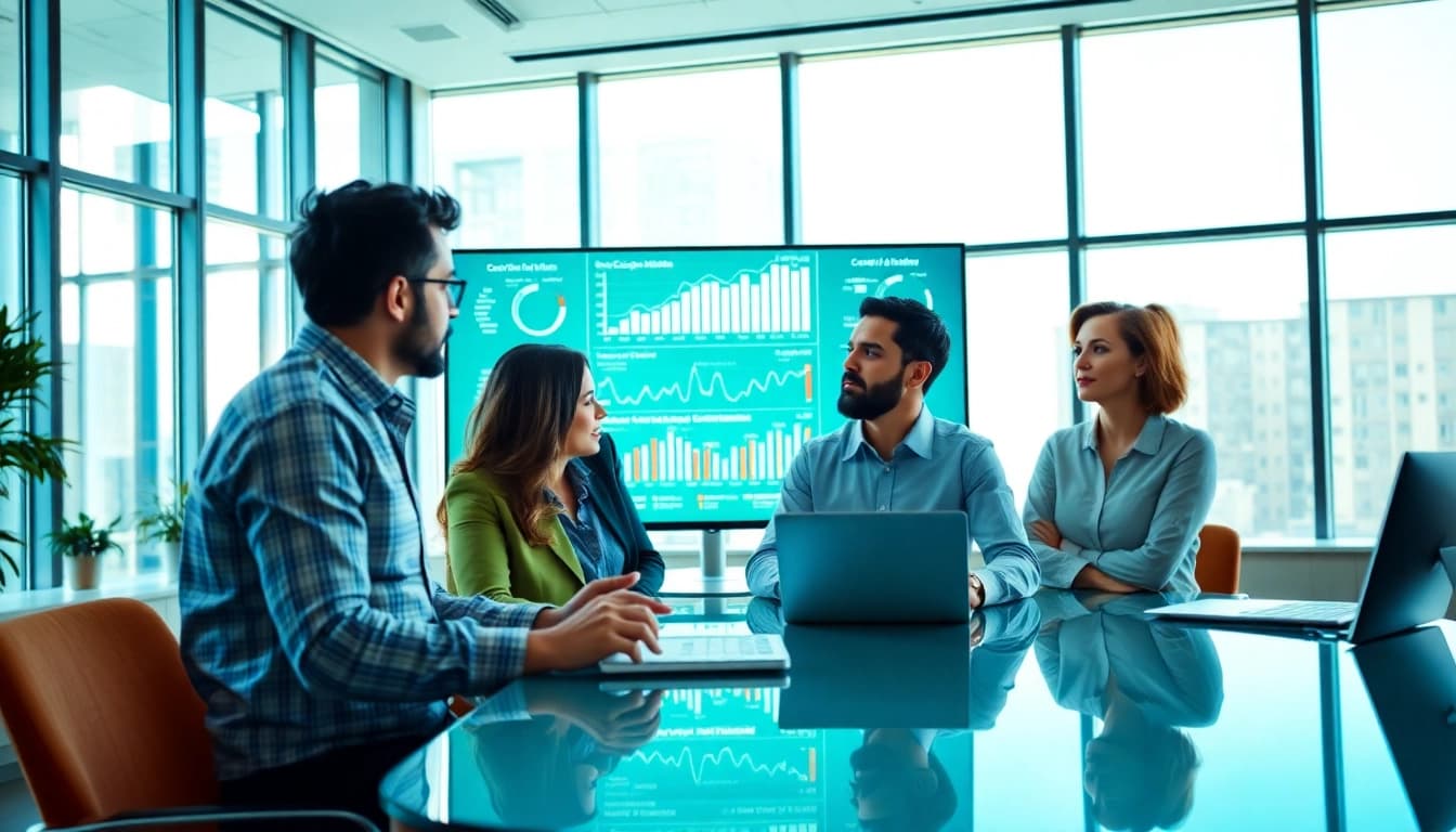Engaging team utilizing AI for competitor analysis in a modern office environment