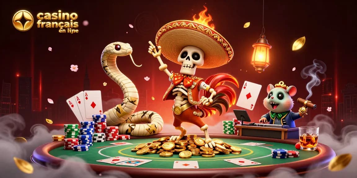 Le casino français en ligne animé par un squelette mariachi, un serpent momifié et un DJ hamster, célébrant sur une table de poker.