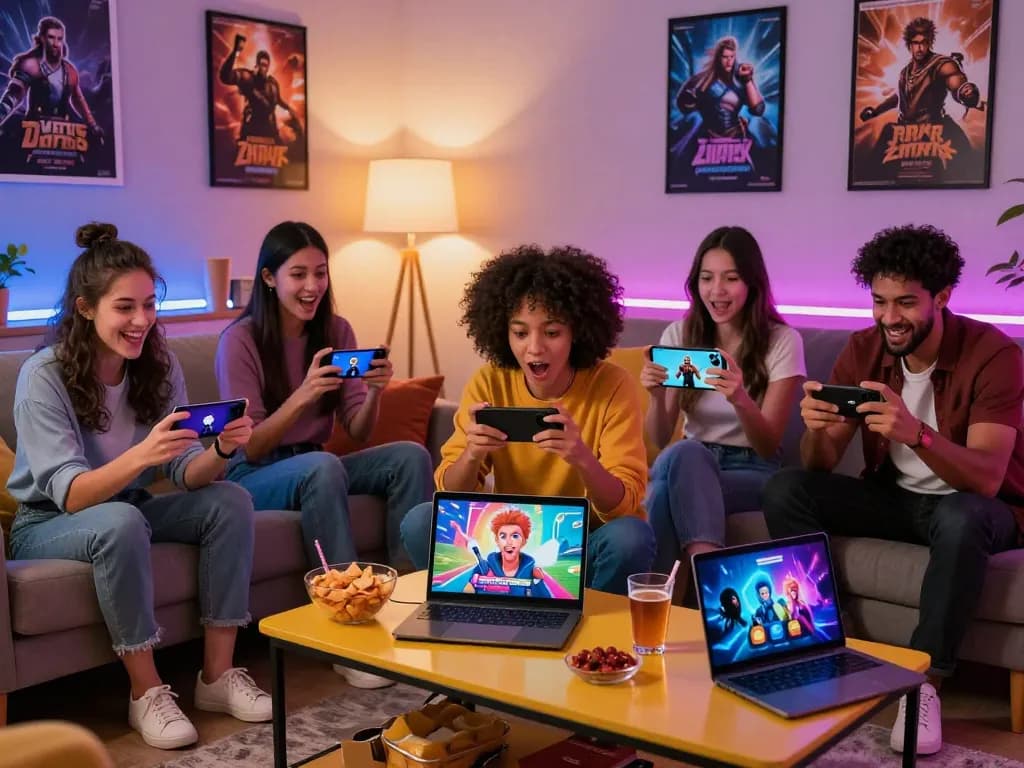 Engaging scene of diverse adults enjoying popular porn games online on various devices in a cozy setup.