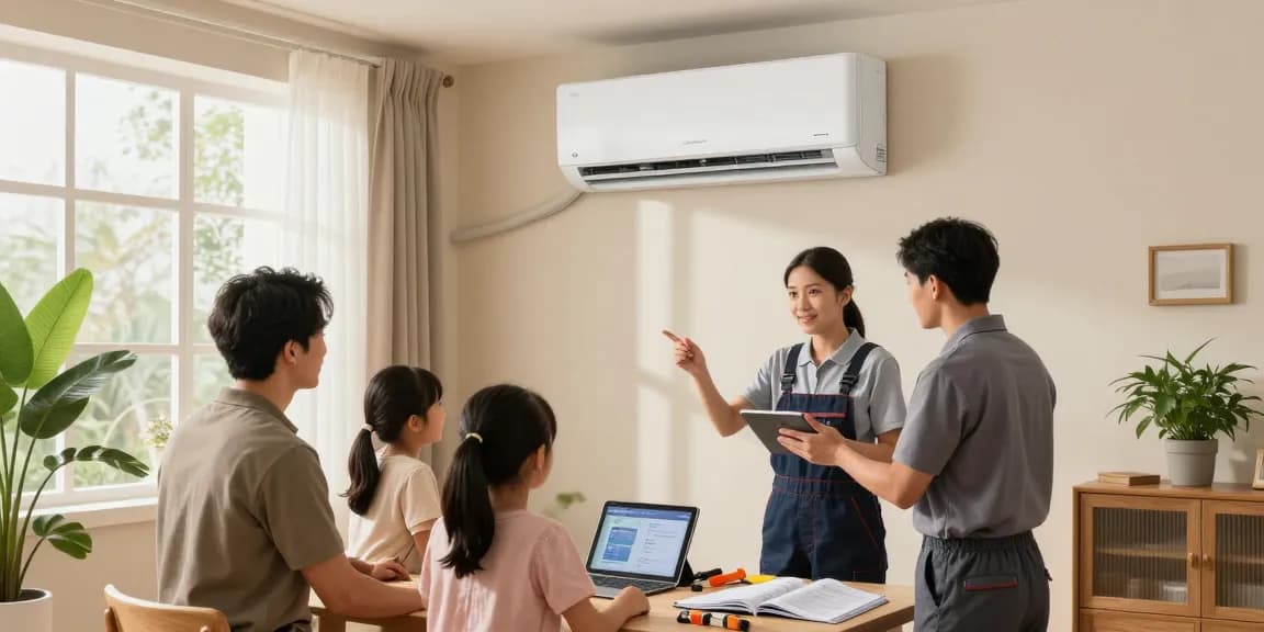 Air conditioning repair near me: Family enjoying a comfortable living room with new AC unit and technician explaining features.