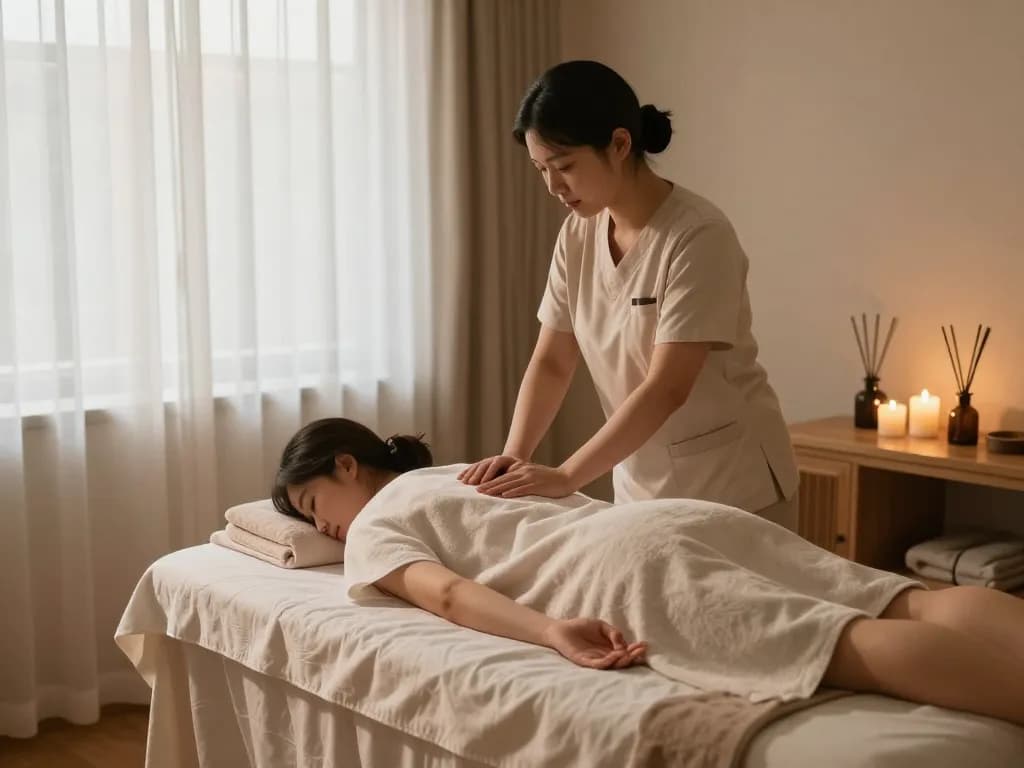 분위기 있는 조명으로 차분한 스파 환경에서 전문 논현동마사지 치료 세션.
