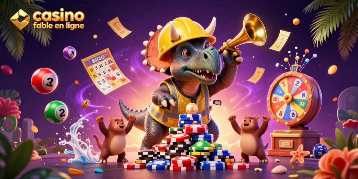 Illustration dynamique représentant un triceratops en casque de chantier et gilet de sécurité, construisant une pyramide de jetons de poker, symbolisant un casino fiable en ligne.