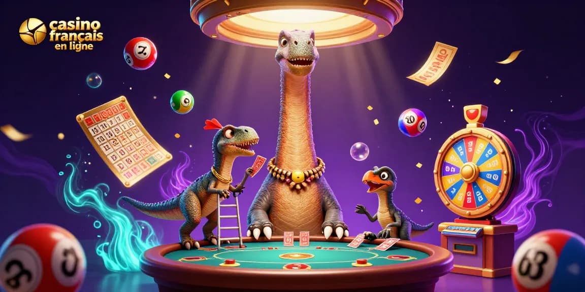 Développez votre expérience de jeu avec le casino français en ligne, entouré de ballons et d'effets de lumière.