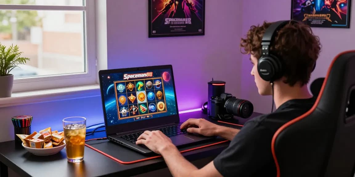 Player immersed in Spaceman88 slot game on laptop, featuring vibrant space graphics and modern gaming setup.
