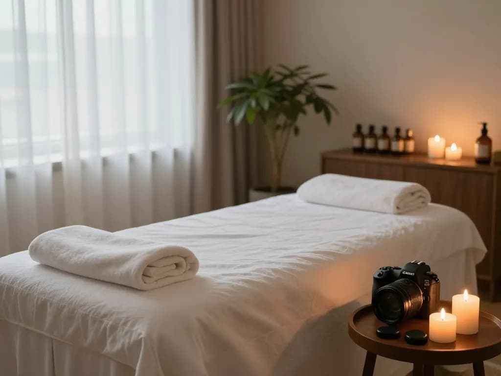Relaxing spa scene showcasing a massage room with a focus on역삼동마사지, featuring a plush massage table and calming decor.