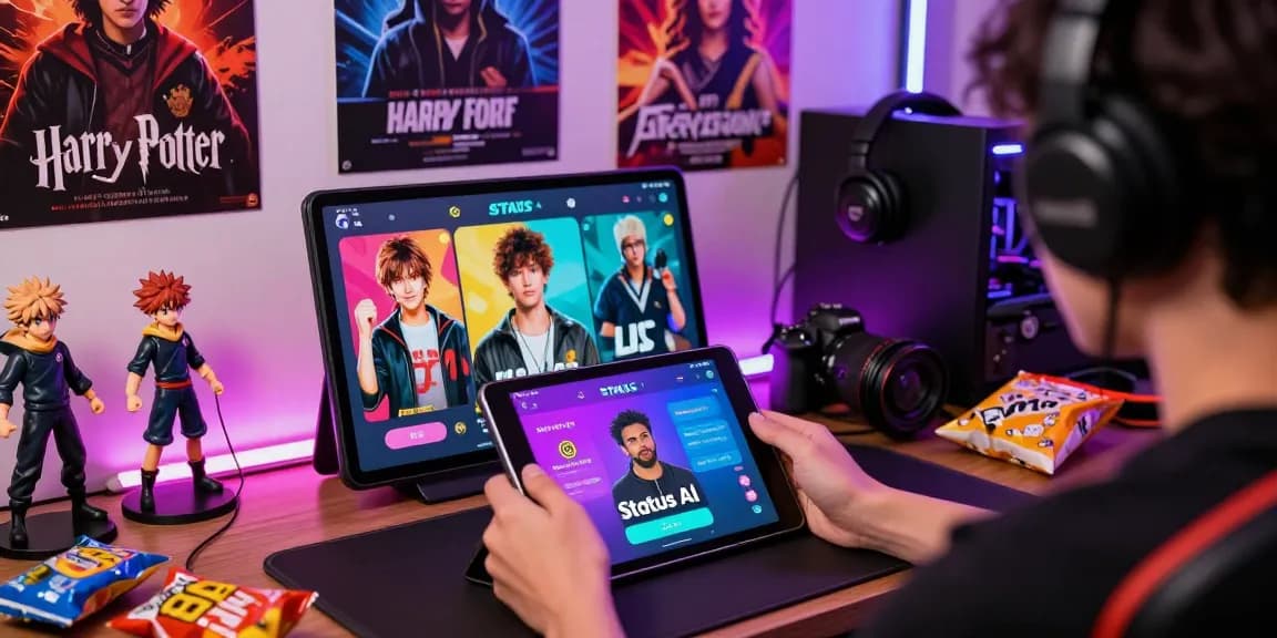 Engaging player using the Status app to create virtual personas with colorful character displays and fandom elements.