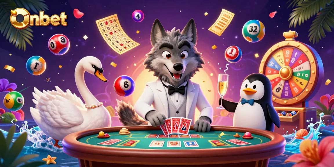 Experience onbet's vibrant casino scene with playful characters in a dynamic gambling environment.