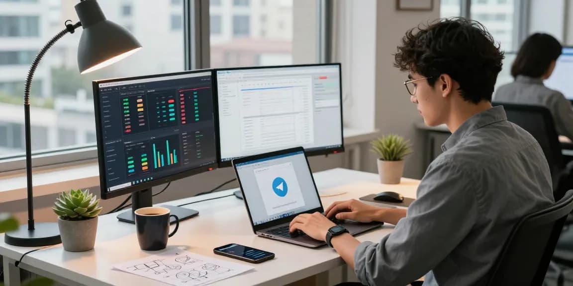 Engaged professional using Telegram中文版 on laptop in modern workspace