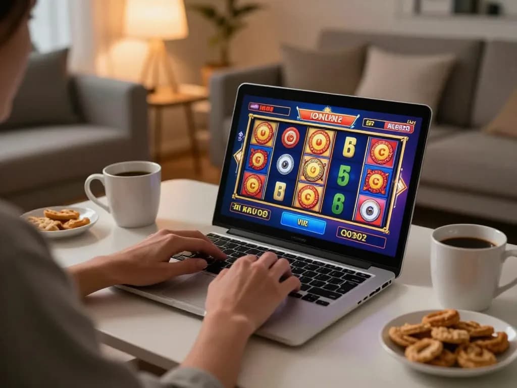 Engaging in slot online gaming from a cozy home setup with vibrant reels on screen