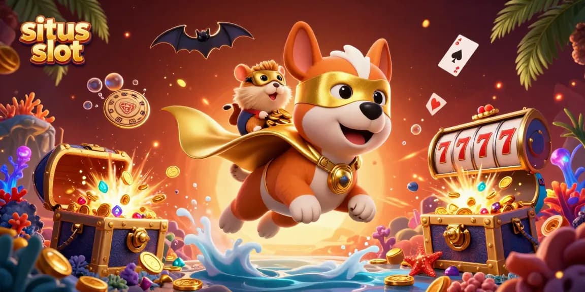 Situs slot scene showcasing a superhero dog and hamster flying with slot reels and poker chips among treasure.