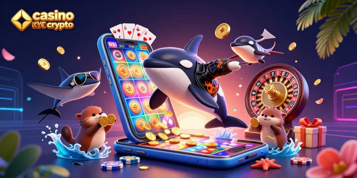 Profitez d'une illustration captivante du casino sans KYC crypto avec des personnages amusants et des éléments de jeu variés.