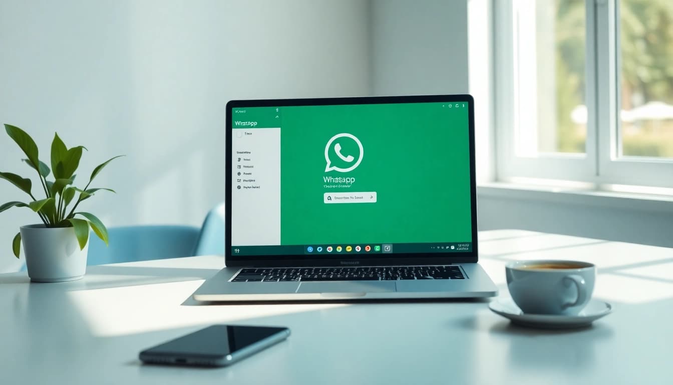 现代工作空间中笔记本电脑上的 WhatsApp网页版界面，展示消息发送与位置共享功能。