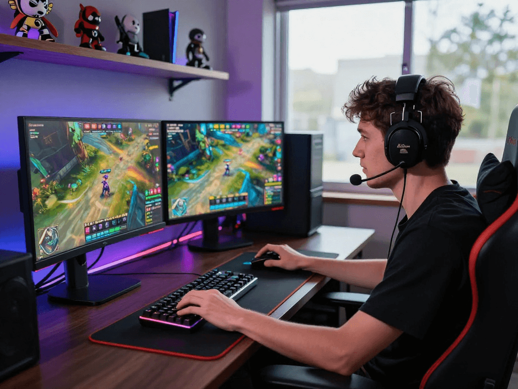 Gamer using raja328 link in a competitive e-sports environment with vibrant visuals.