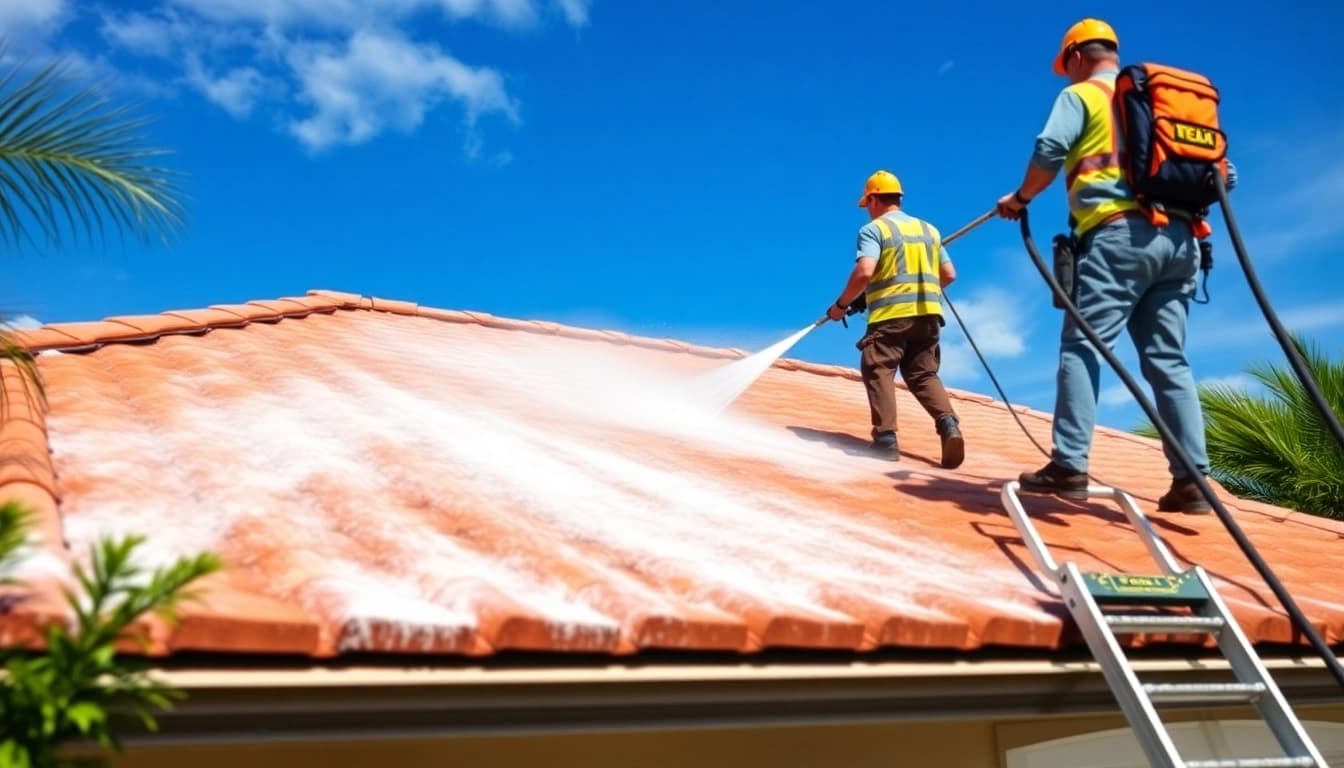 Roof cleaning in Kissimmee, FL, showcasing professionals using safe soft wash techniques.
