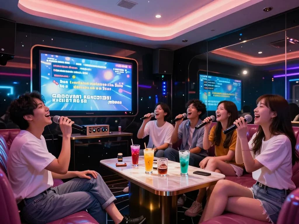 친구들과 함께 노래하는 활기찬 분위기, 생동감 있는 장식, 첨단 음향 시스템이 특징인 www.gangnamtune.com/perfect에서 프리미엄 노래방을 경험하세요.