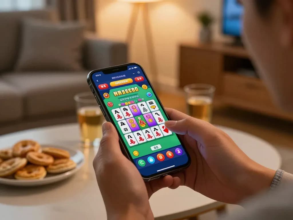 Player engaging in slot mahjong game on smartphone in cozy home setting