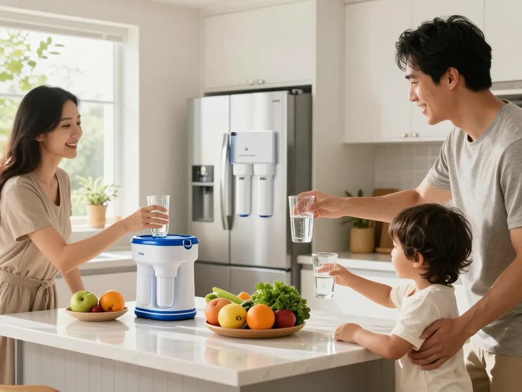 Waterdrop Plus XWF Replacement for GE® XWF filter in a modern kitchen with a family enjoying healthy drinking water.