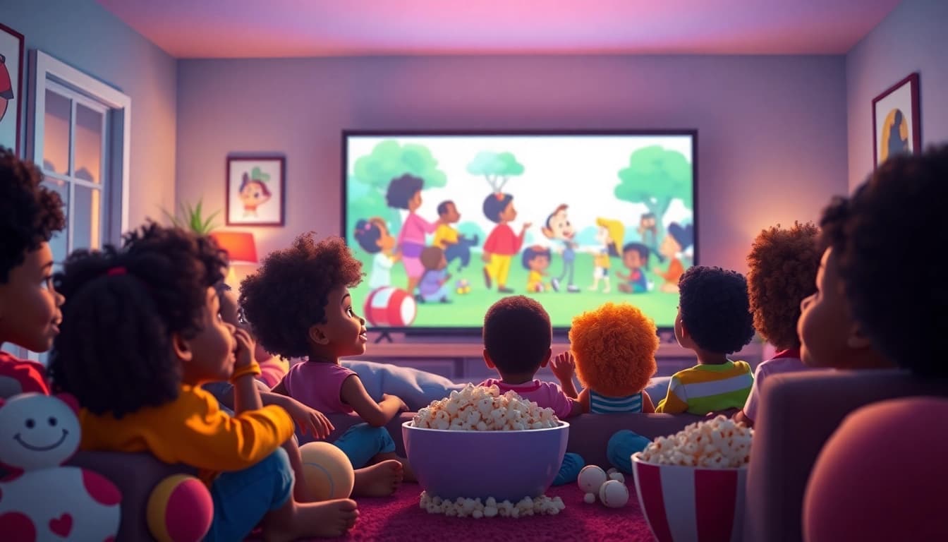 A children’s room filled with excitement, showcasing a scene featuring African American cartoons on the TV screen.