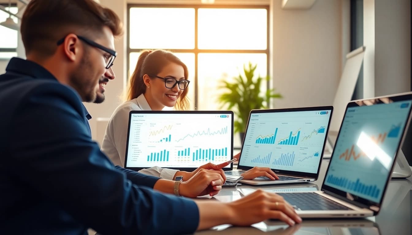 Analyze metrics with a facebook smm panel in a modern office setting.