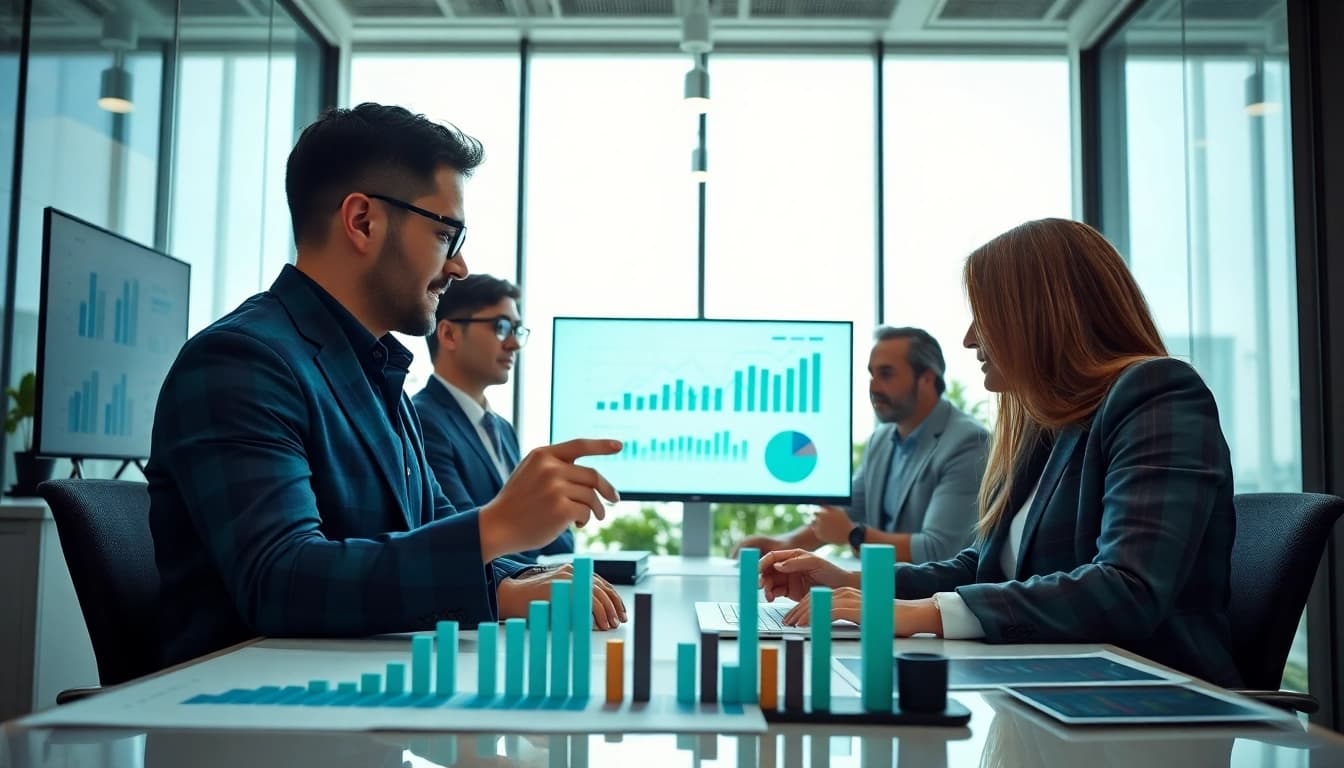 Analyzing growth strategy trends in a professional business environment with digital charts.