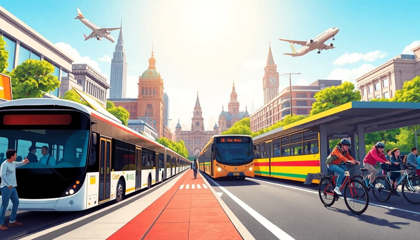 Dynamic scene showcasing Transportation modes like bus, train, and bicycle in a bustling city setting.