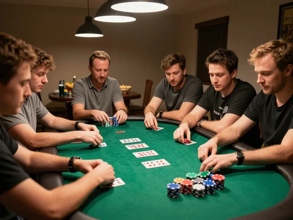 Players strategizing over nsfw game poker night with colorful chips and casual snacks.