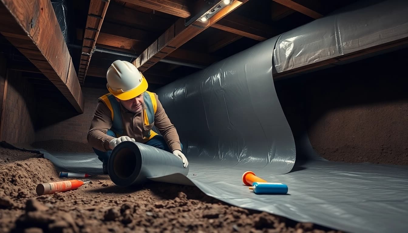 Vapor Barrier Installation in a crawl space showcasing a contractor at work.