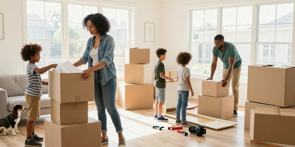 Cullen moving and storage family working together to pack boxes during a move in a bright living room.