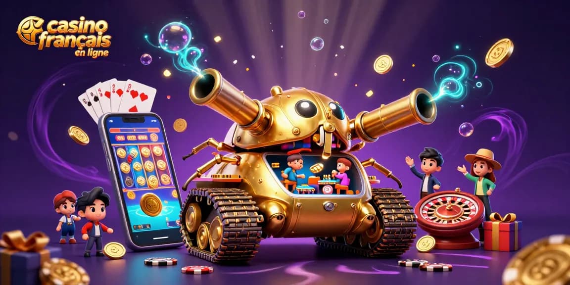 Casino français en ligne avec un tank doré en 3D abritant un mini-casino et des éléments de jeu autour.
