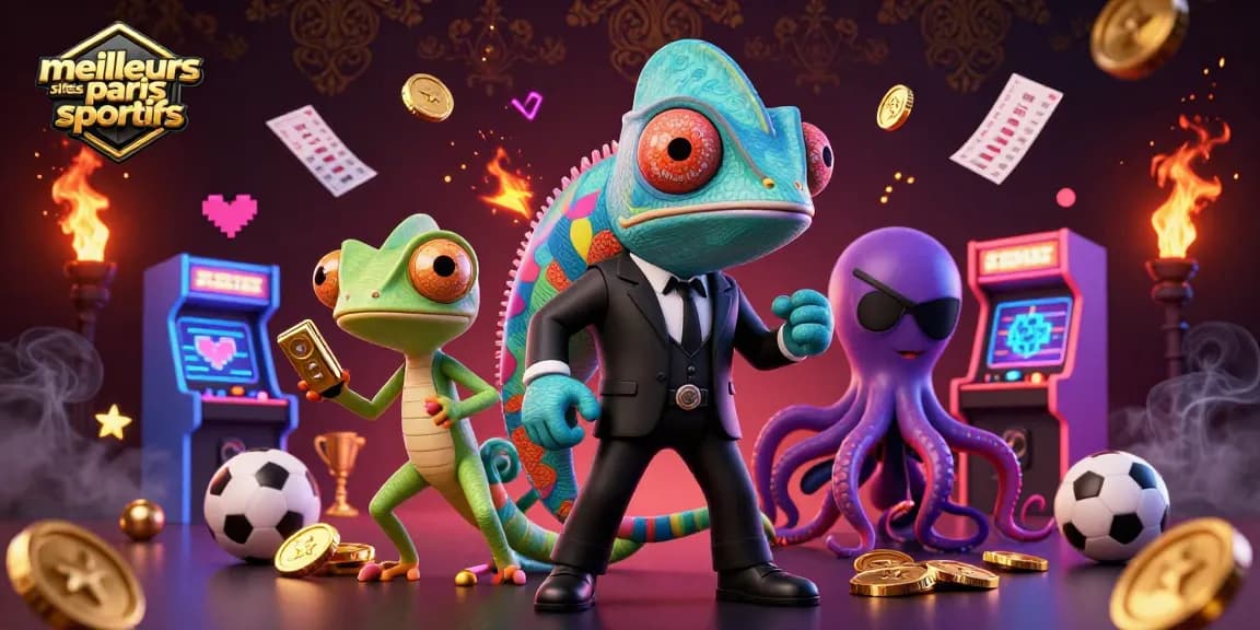 Image de meilleurs sites paris sportifs avec un caméléon agent secret, un gecko et une pieuvre, entourés d'éléments de jeu.