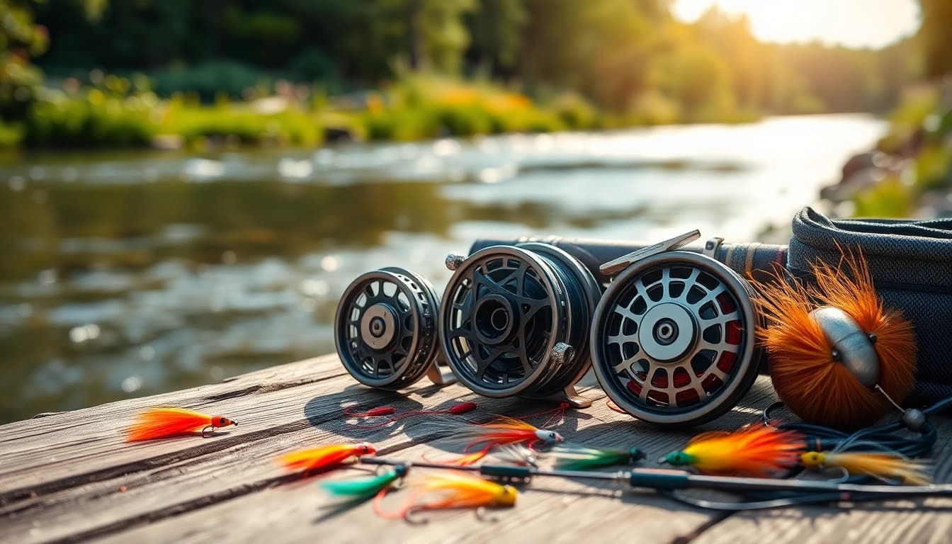 Showcase of fly fishing accessories including colorful lures and reels on a wooden table.