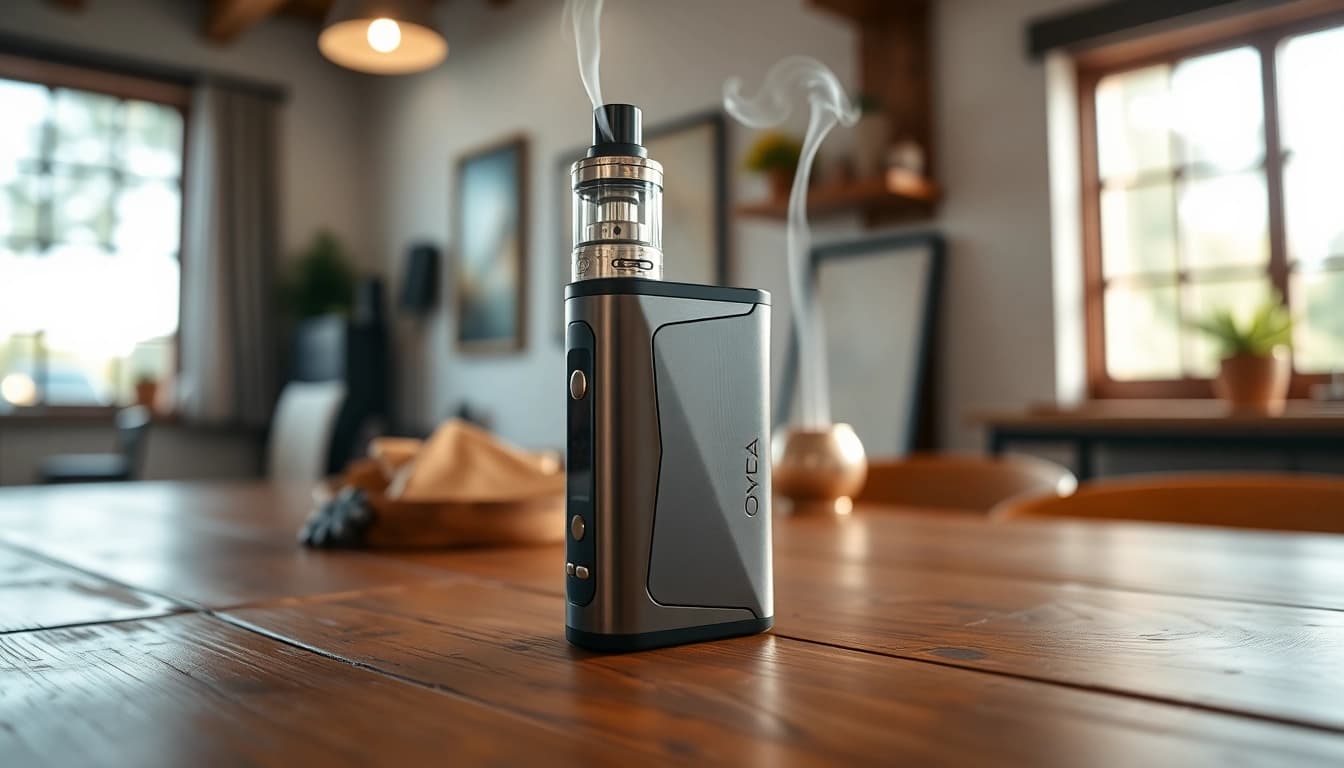 Verwenden Sie Oxva um eine stilvolle Vape-Umgebung auf einem rustikalen Tisch zu gestalten.