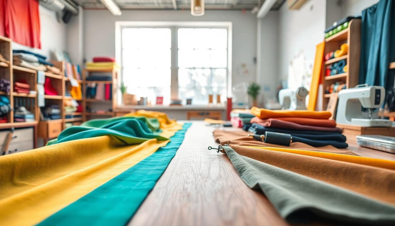 Creatively arranged 100% katoen stoffen showcasing vibrant colors and textures in a textile workshop.