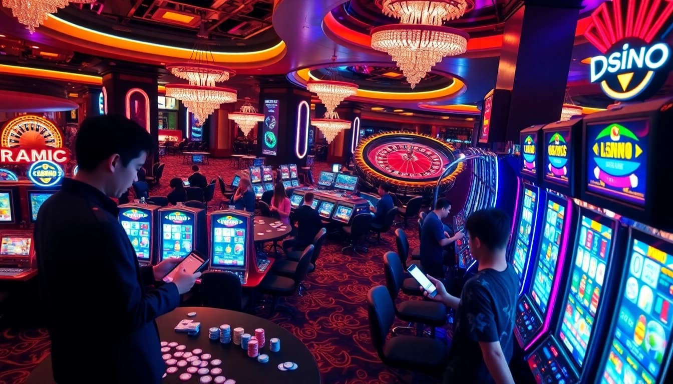 Menggugah pemain dalam adegan kasino yang dinamis yang menampilkan mesin slot depo 5rb dan permainan yang mendebarkan.
