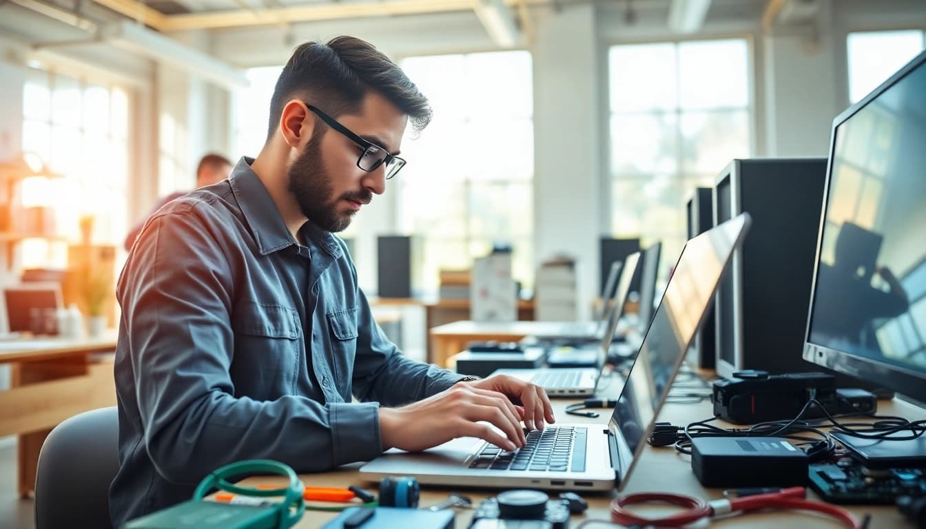 Hands-on computer repair service showcasing a technician's skills in a modern workshop environment.