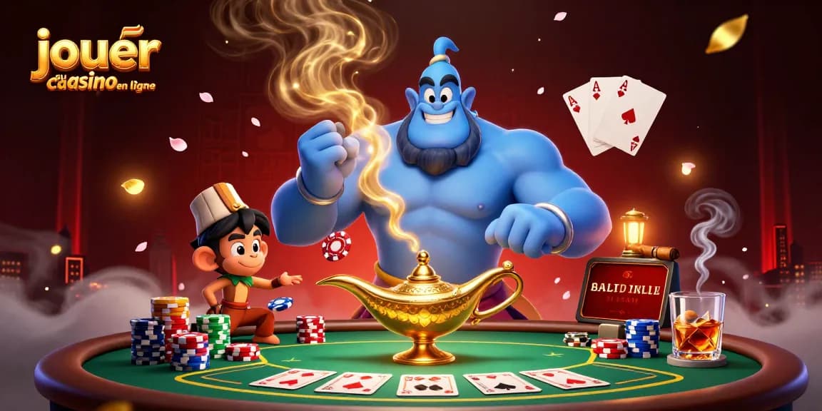 Jouez au casino en ligne avec ce visuel captivant et dynamique d'une lampe aux génies.