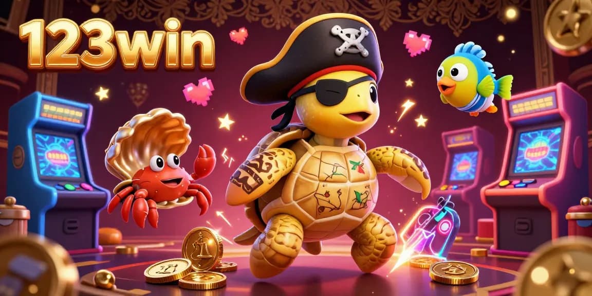 Experience the excitement of 123win with a vibrant 3D illustration featuring a pirate turtle and arcade-style casino elements.
