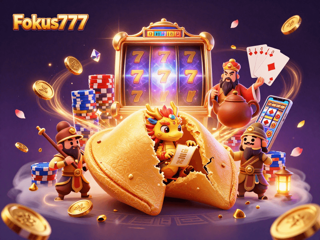 Experience thrilling wins at Fokus777 with captivating visuals of animated slots and vibrant casino elements.