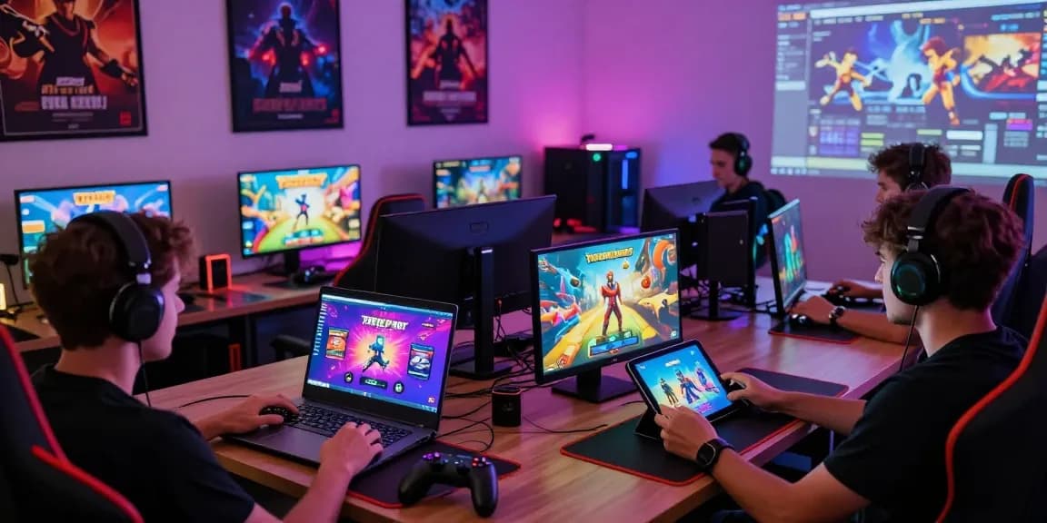 Gamers enjoying free porn games on various devices in a vibrant gaming lounge.