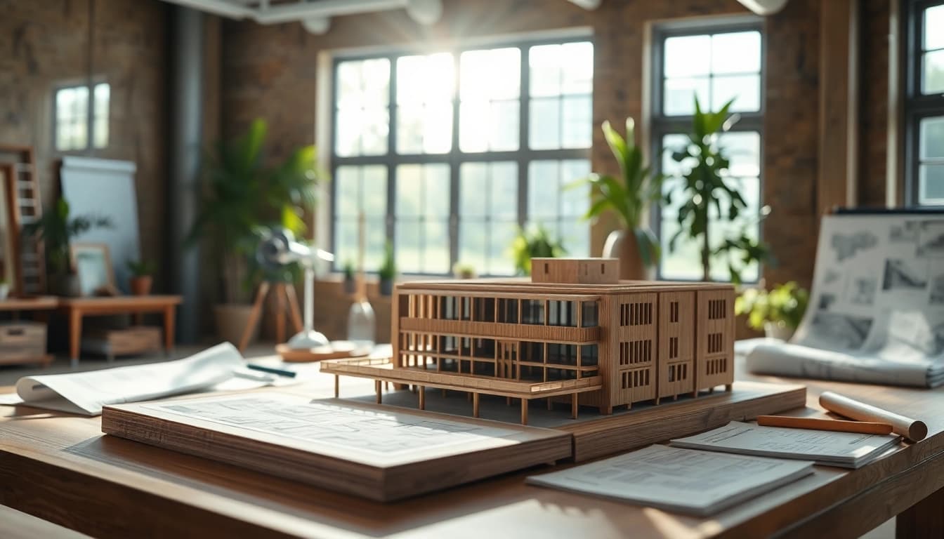 Architekturmodellbau Braunschweig mit detailliertem Gebäudemodell in einem modernen Designstudio.