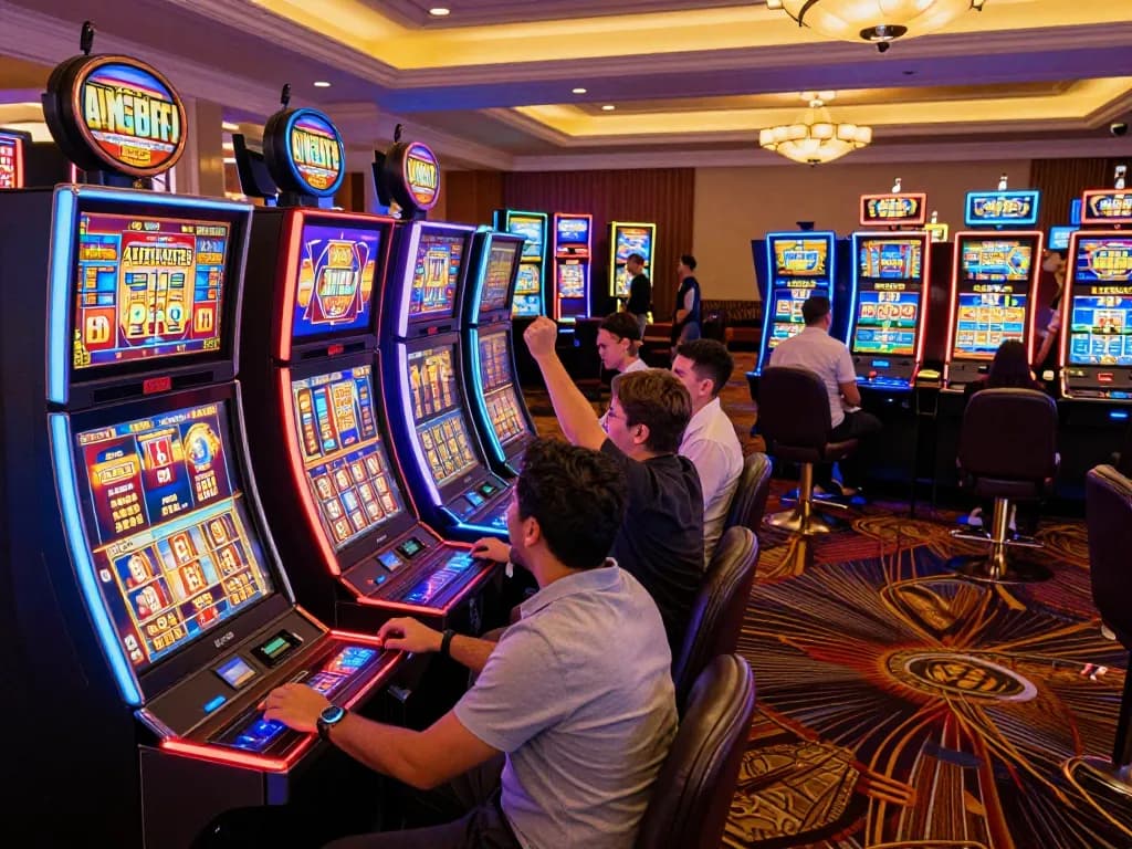 Joyful player celebrating a win at casino americani online with colorful slot machines and vibrant atmosphere.