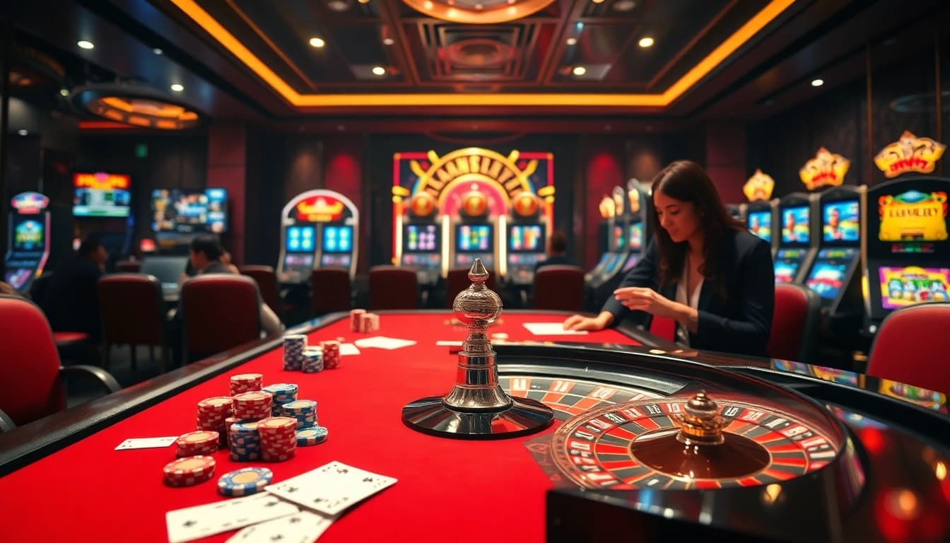 Jeu passionnant dans un casino en ligne fiable avec des cartes de poker, une roue de roulette et des jetons de pari vibrants.