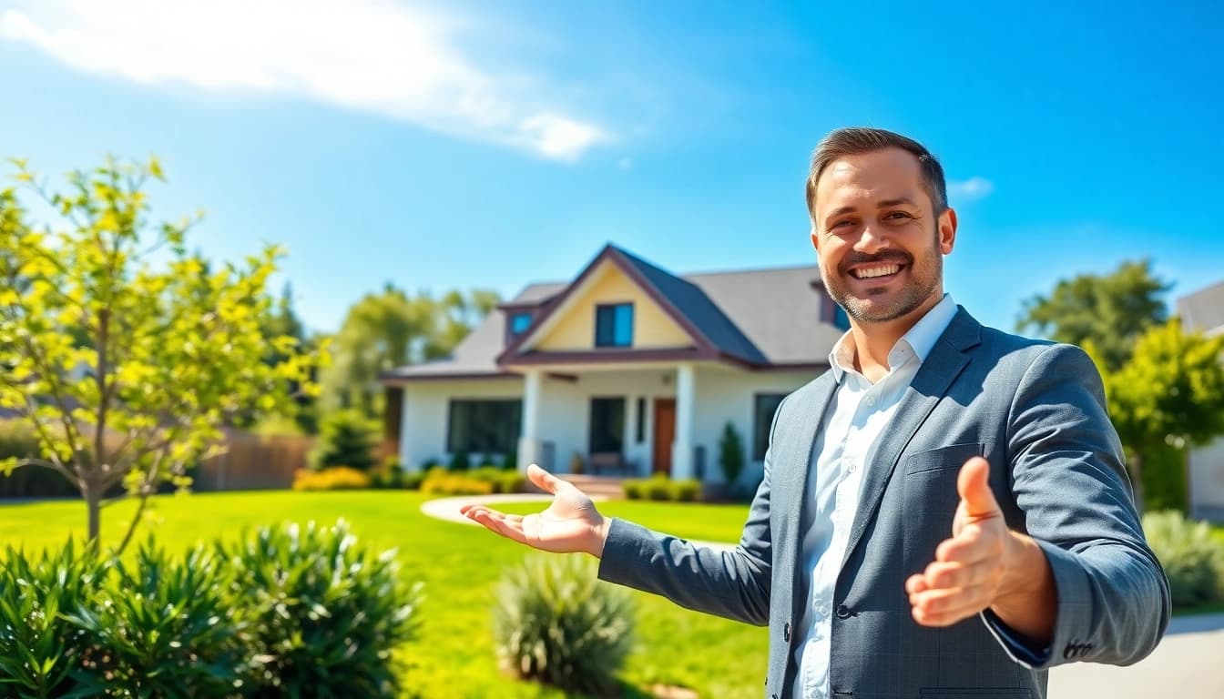 Real Estate agent showcasing a charming house for sale in a vibrant neighborhood.