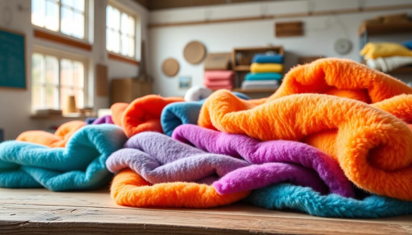 Koop fleece stof kopen met een kleurrijke selectie op een houten tafel.