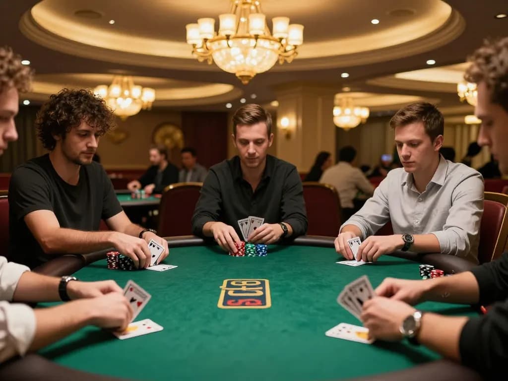 B52club players enjoying an intense poker game with vibrant chips and winning hands in a luxurious casino setting.