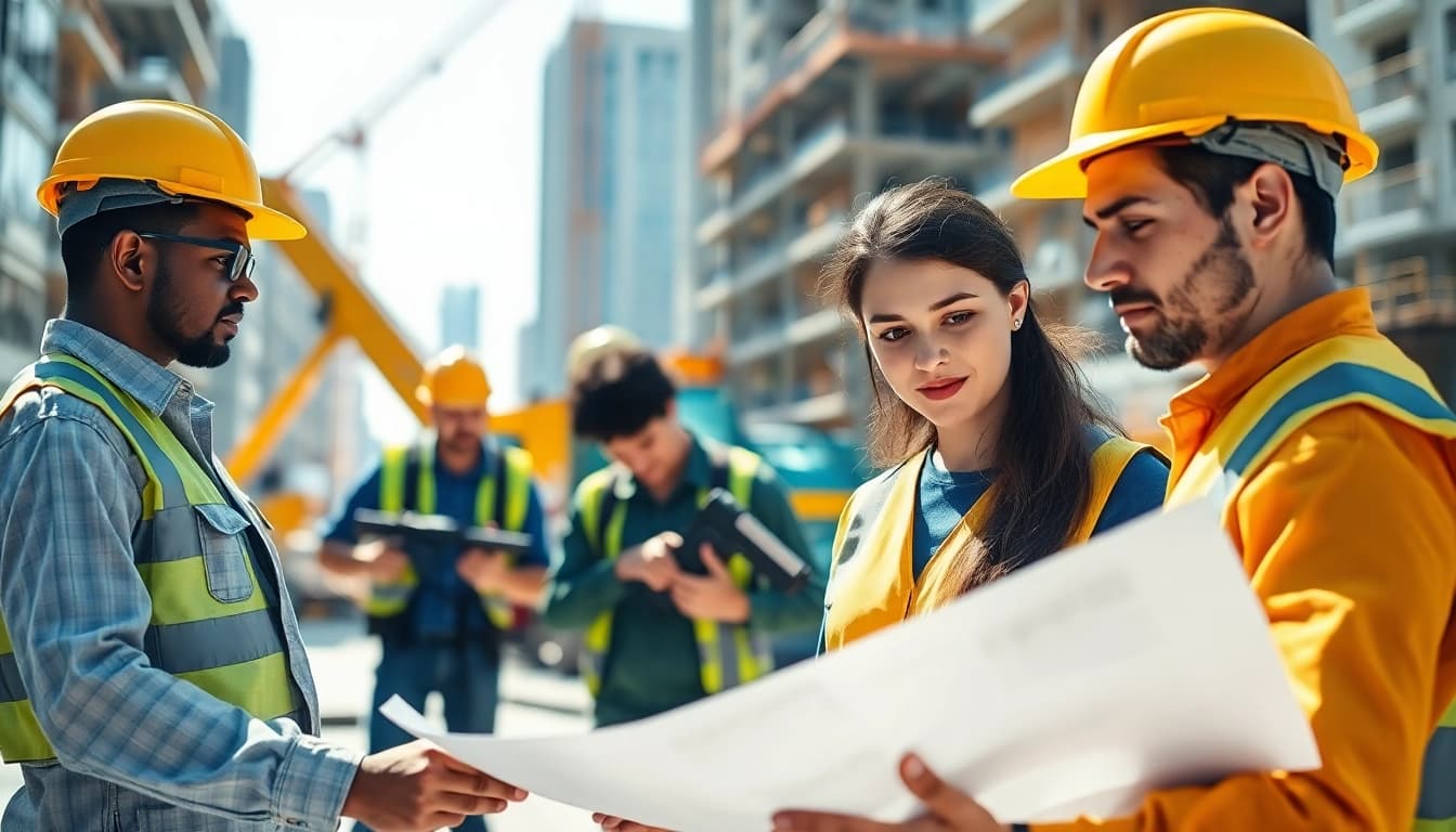 Construction workforce development illustrated by diverse professionals collaborating on-site.