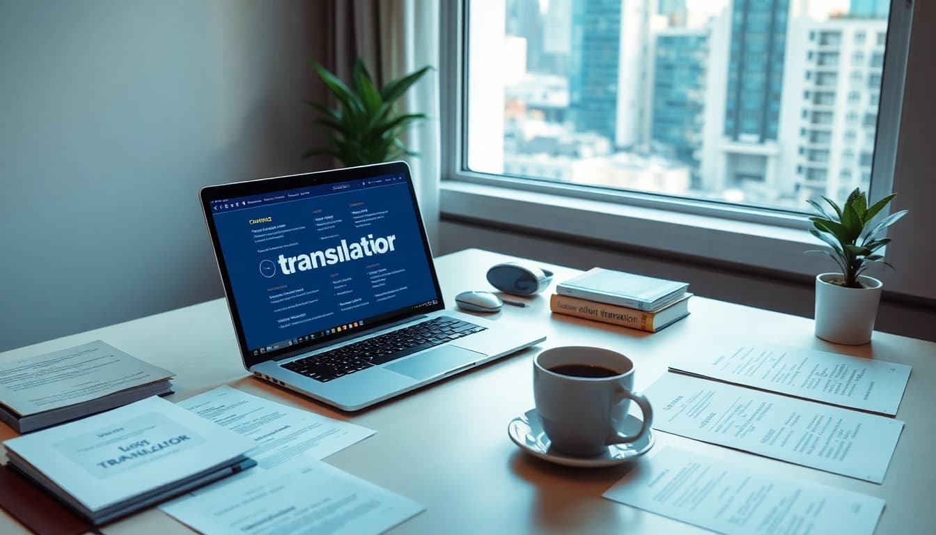 Authorized translation services workspace with documents, laptop, and dictionaries.